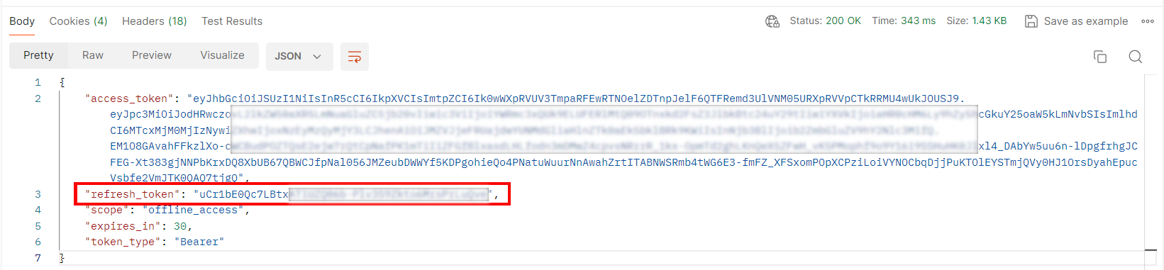 Screenshot of the Refresh Token value showing in the body of the Postman Results.